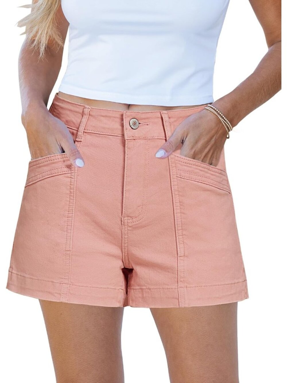 Women's Pink High Waisted Stretchy Denim Jorts Stylish Shorts With Pockets
